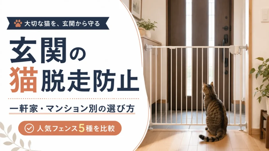 玄関の猫脱走防止フェンスと、フェンスの前に座る猫
