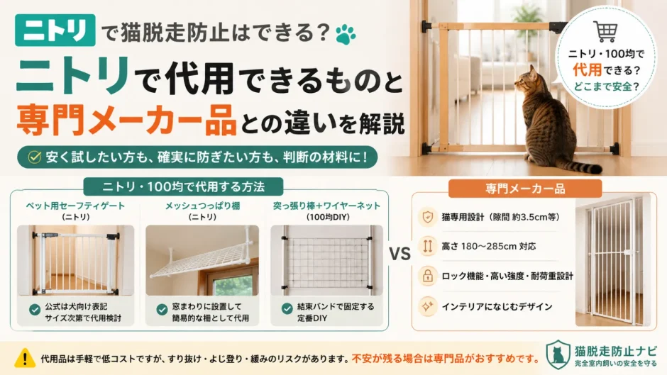 ニトリや100均の代用品と専門メーカー品を比較する猫脱走防止記事のアイキャッチ画像
